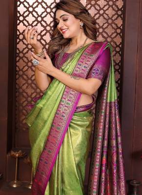Parrot Green Color Zari Weaving Banarasi Tissue Silk Saree 1