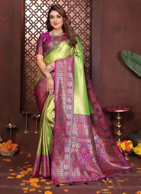 Parrot Green Color Zari Weaving Banarasi Tissue Silk Saree 3