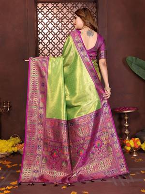 Parrot Green Color Zari Weaving Banarasi Tissue Silk Saree 4