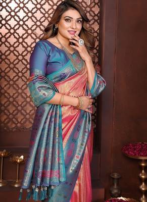 Peach Color Zari Weaving Banarasi Tissue Silk Saree 1