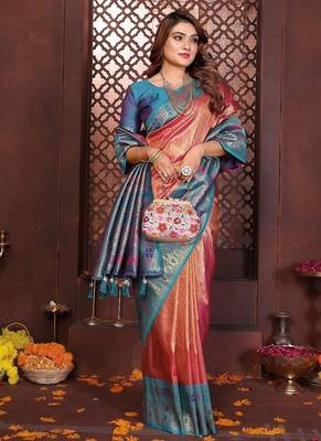 Peach Color Zari Weaving Banarasi Tissue Silk Saree 2