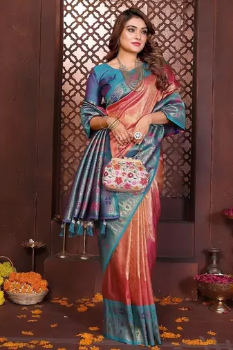 Peach Color Zari Weaving Banarasi Tissue Silk Saree