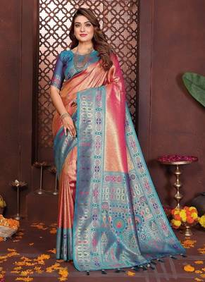 Peach Color Zari Weaving Banarasi Tissue Silk Saree 3