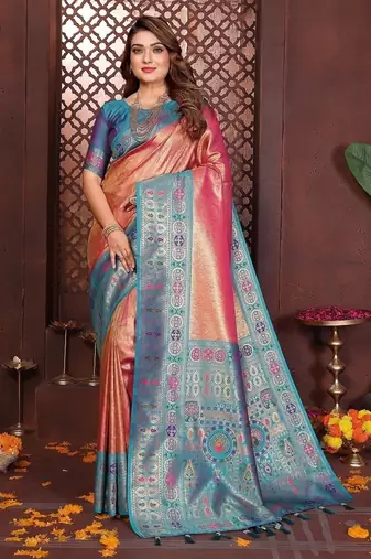 Peach Color Zari Weaving Banarasi Tissue Silk Saree