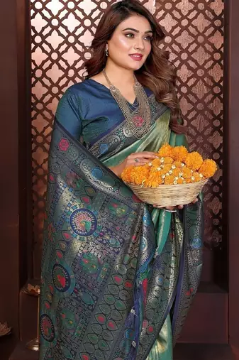 Sea Green Color Zari Weaving Banarasi Tissue Silk Saree