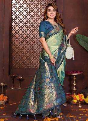 Sea Green Color Zari Weaving Banarasi Tissue Silk Saree 2