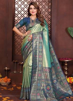 Sea Green Color Zari Weaving Banarasi Tissue Silk Saree 3