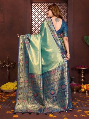 Sea Green Color Zari Weaving Banarasi Tissue Silk Saree 4