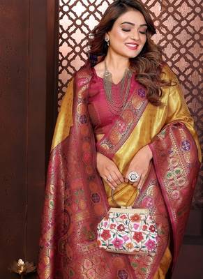 Yellow Color Zari Weaving Banarasi Tissue Silk Saree 1