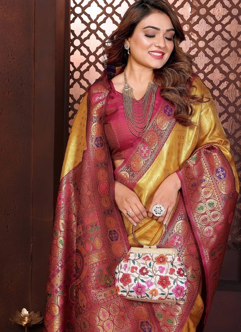 Yellow Color Zari Weaving Banarasi Tissue Silk Saree