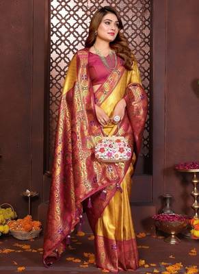 Yellow Color Zari Weaving Banarasi Tissue Silk Saree 2