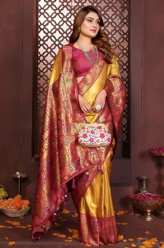 Yellow Color Zari Weaving Banarasi Tissue Silk Saree