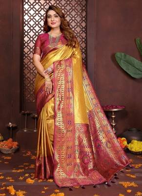 Yellow Color Zari Weaving Banarasi Tissue Silk Saree 3