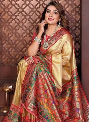 gold color zari weaving banarasi tissue silk blend saree 1