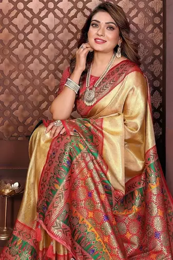 gold color zari weaving banarasi tissue silk blend saree