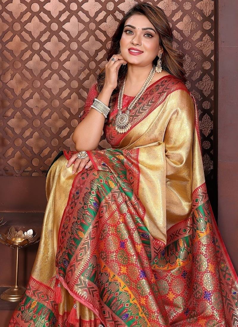 gold color zari weaving banarasi tissue silk blend saree
