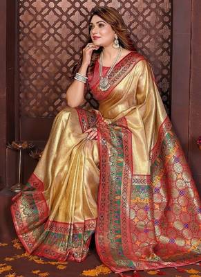 gold color zari weaving banarasi tissue silk blend saree 2