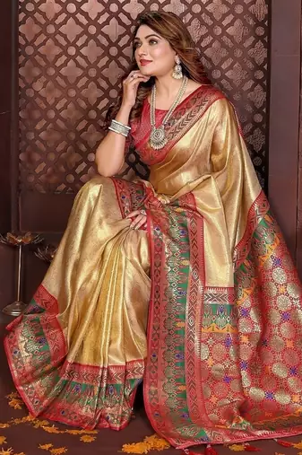 gold color zari weaving banarasi tissue silk blend saree