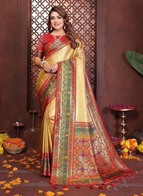 gold color zari weaving banarasi tissue silk blend saree 3