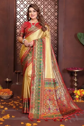 gold color zari weaving banarasi tissue silk blend saree