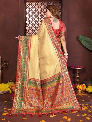 gold color zari weaving banarasi tissue silk blend saree 4