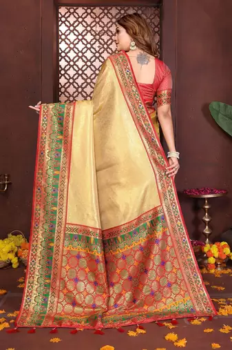 gold color zari weaving banarasi tissue silk blend saree