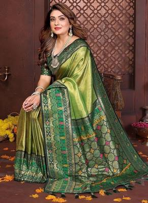 Light Green Color Zari Weaving Banarasi Tissue Silk Blend Saree 2