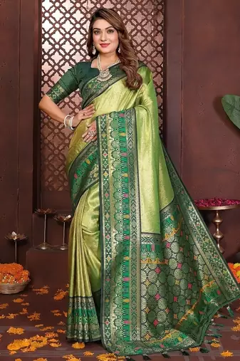 Light Green Color Zari Weaving Banarasi Tissue Silk Blend Saree