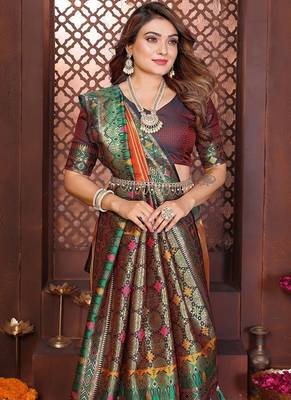 Peach Color Zari Weaving Banarasi Tissue Silk Blend Saree 1