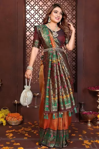 Peach Color Zari Weaving Banarasi Tissue Silk Blend Saree