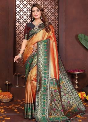 Peach Color Zari Weaving Banarasi Tissue Silk Blend Saree 3