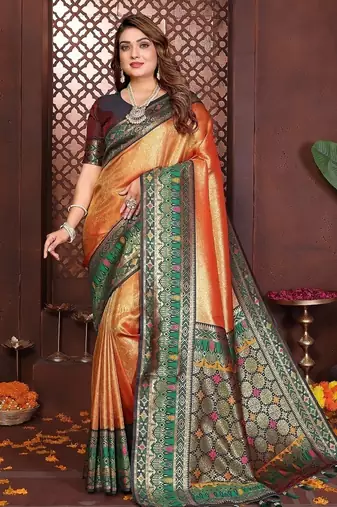 Peach Color Zari Weaving Banarasi Tissue Silk Blend Saree