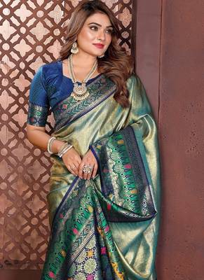 Pear Color Zari Weaving Banarasi Tissue Silk Blend Saree 1