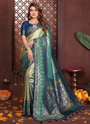 Pear Color Zari Weaving Banarasi Tissue Silk Blend Saree 3