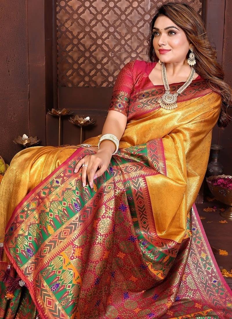 Yellow Color Zari Weaving Banarasi Tissue Silk Blend Saree