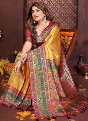 Yellow Color Zari Weaving Banarasi Tissue Silk Blend Saree 2