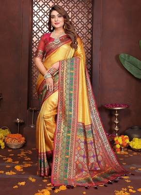 Yellow Color Zari Weaving Banarasi Tissue Silk Blend Saree 3