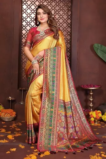 Yellow Color Zari Weaving Banarasi Tissue Silk Blend Saree