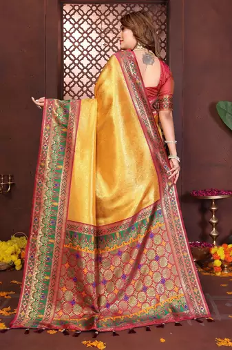 Yellow Color Zari Weaving Banarasi Tissue Silk Blend Saree