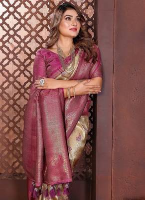 cream color zari weaving banarasi tissue silk blend blend saree 1