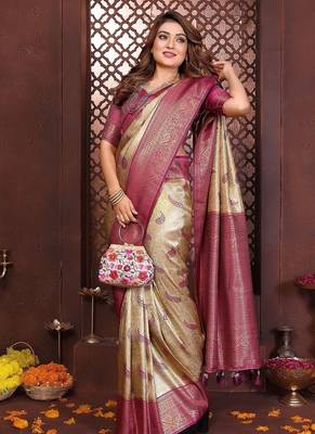 cream color zari weaving banarasi tissue silk blend blend saree 2
