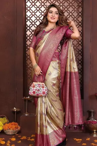cream color zari weaving banarasi tissue silk blend blend saree
