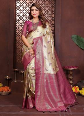 cream color zari weaving banarasi tissue silk blend blend saree 3