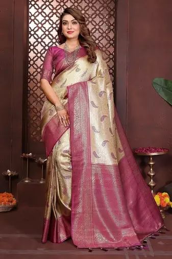 cream color zari weaving banarasi tissue silk blend blend saree
