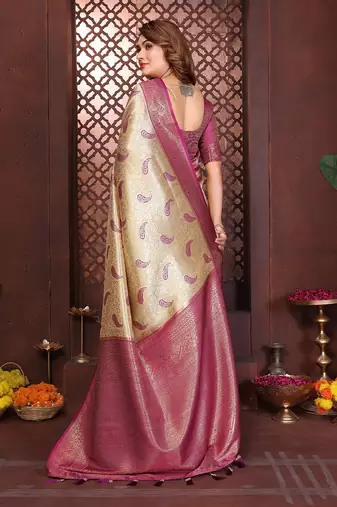 cream color zari weaving banarasi tissue silk blend blend saree