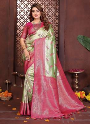 Light Green Color Zari Weaving Banarasi Tissue Silk Blend Saree 3