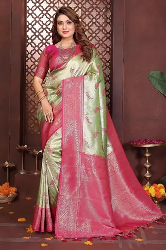Light Green Color Zari Weaving Banarasi Tissue Silk Blend Saree