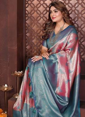 Pink Color Zari Weaving Banarasi Tissue Silk Saree 1