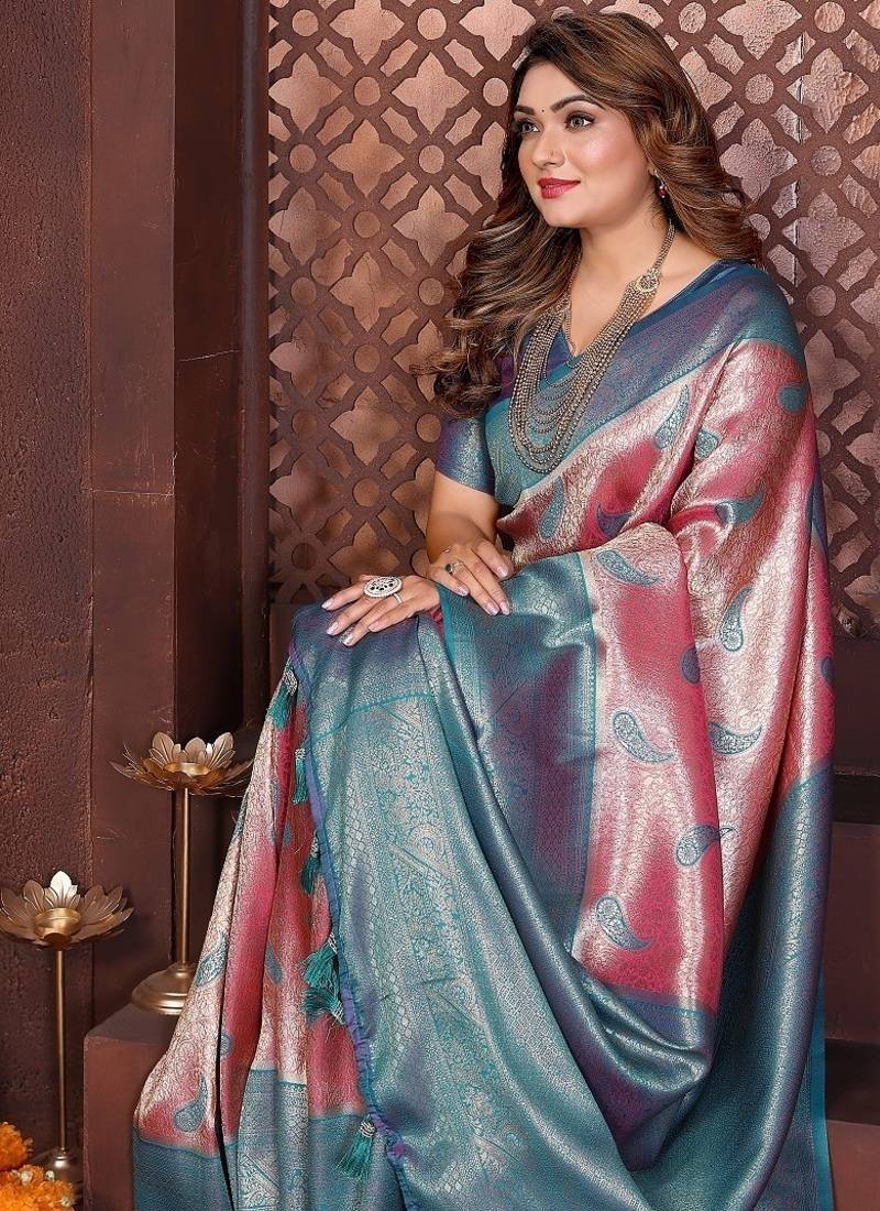 Pink Color Zari Weaving Banarasi Tissue Silk Saree