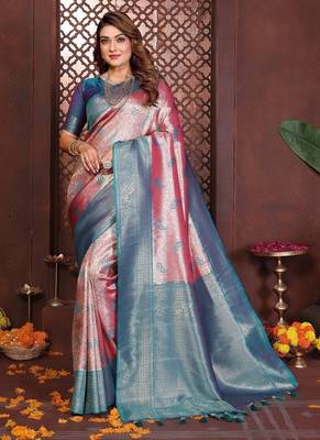 Pink Color Zari Weaving Banarasi Tissue Silk Saree 3